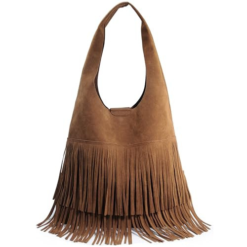 Tassel Faux Suede Hobo Bag for Women Fringe Shoulder Handbag (Brown) | Amazon (US)