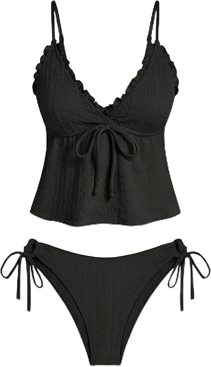 ZAFUL Tankini Swimsuits for Women V Neck Textured Knot Tie Ruffle Trim Bikini Swimsuit Tie Side 2... | Amazon (US)