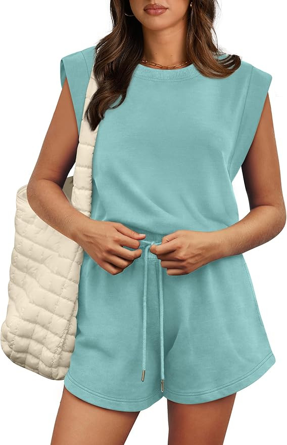 OFEEFAN Rompers for Women Summer Cap Sleeve Adjustable Drawstring Waistband Crewneck Casual Outfi... | Amazon (US)