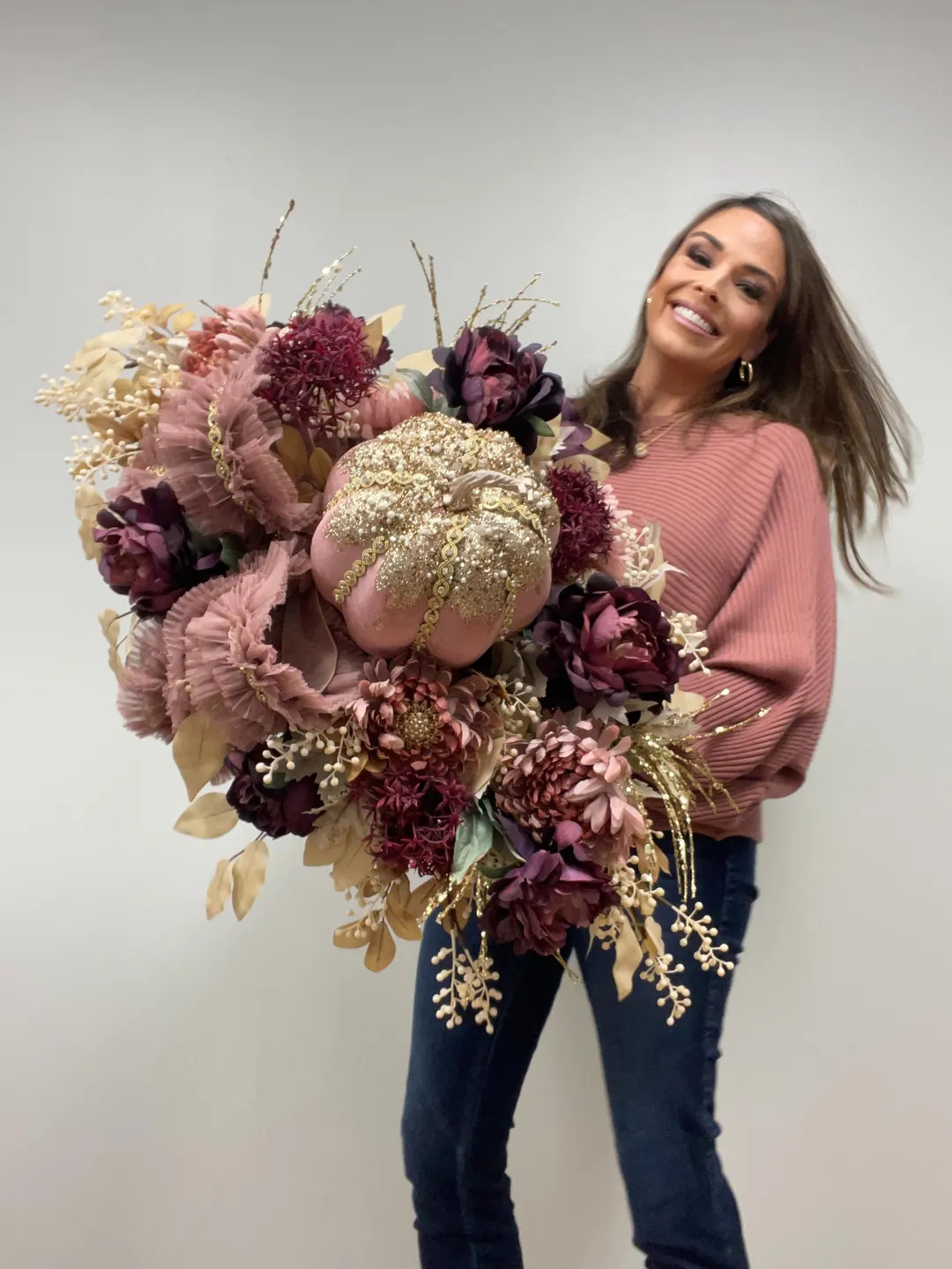 Fall Swag or Floral Centerpiece With Pink Pumpkin, Handmade Autumn Wedding Table Decor, Thanksgiv... | Etsy (US)