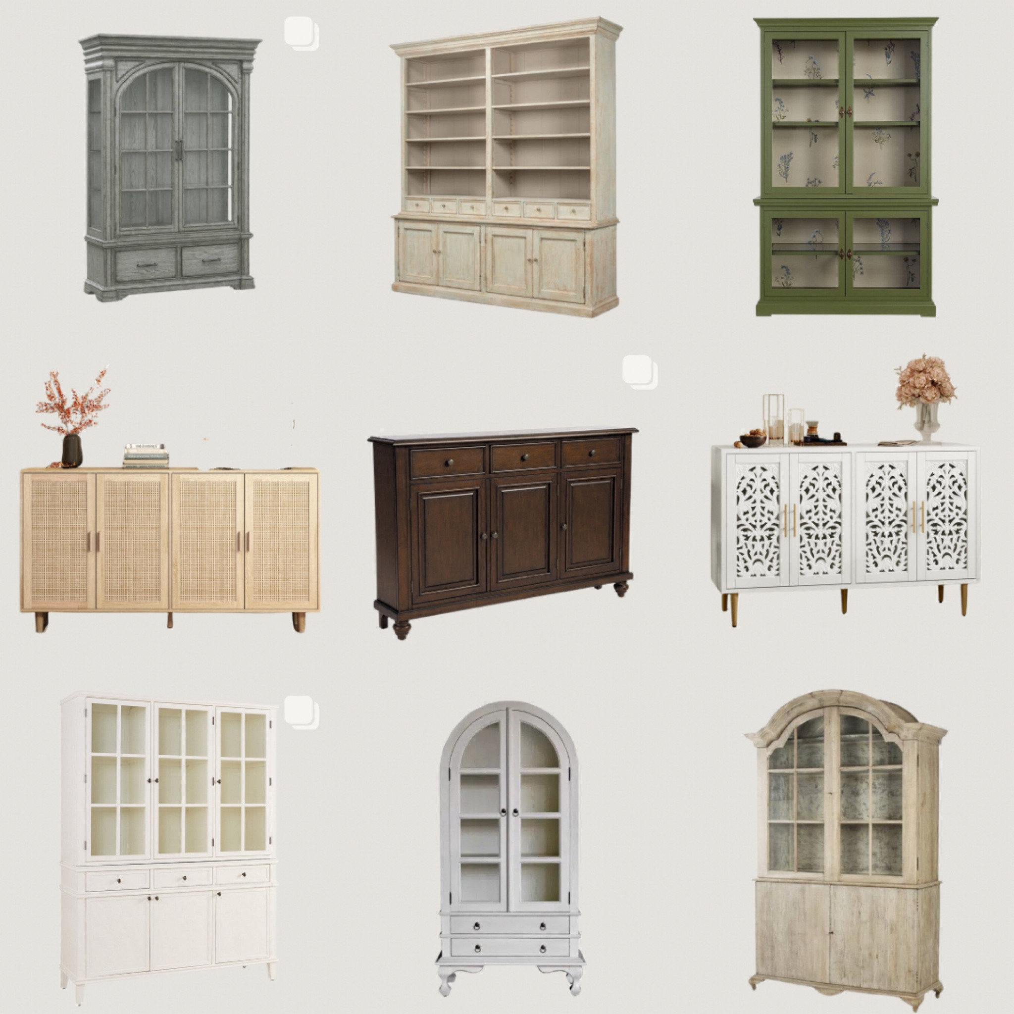 Dining room sideboards, buffets and cabinets.  China and display cabinets.

Arched cabinets, blue buffet sideboard console, green cabinet, rattan, carved wood. 

#LTKhome