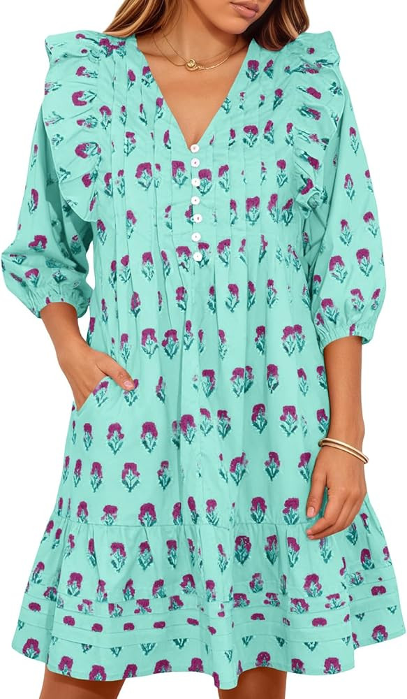 Wenrine Womens Mini Dresses Casual Ruffle 3/4 Lantern Sleeve Floral V Neck Loose Boho Babydoll Dr... | Amazon (US)