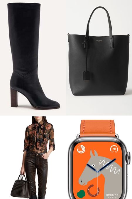 Holiday Gift Guide ideas for her! We recommend gifting her black leather tall ba&sh boots, a Black Mini leather tote from Yves Saint Laurent, Ralph Lauren Collection Mid-Rise Stretch Slim Jeans in dark brown or an Apple Watch by Hermès. #boots #giftguide #tote #jeans #watch 

#LTKSeasonal #LTKHoliday #LTKGiftGuide