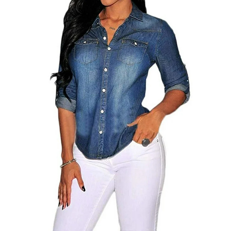 Retro Women Blue Jean Fitted Soft Denim Long Sleeve Shirt Tops Blouse Jacket - Walmart.com | Walmart (US)