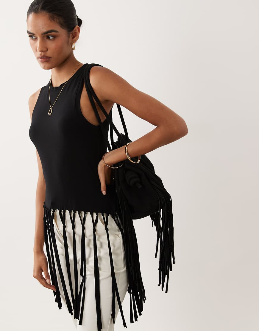 ASOS DESIGN tank top with tassel fringed hem in black | ASOS (Global)