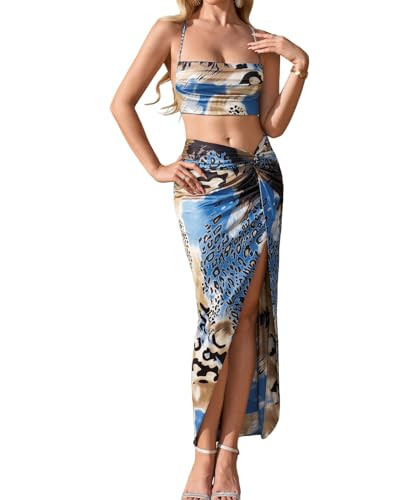 XinFSh Women Two Piece Skirt Sets Summer Floral Beach Vacation Outfits High Slit Maxi Tropical Party Club Dresses Leopard | Amazon (US)