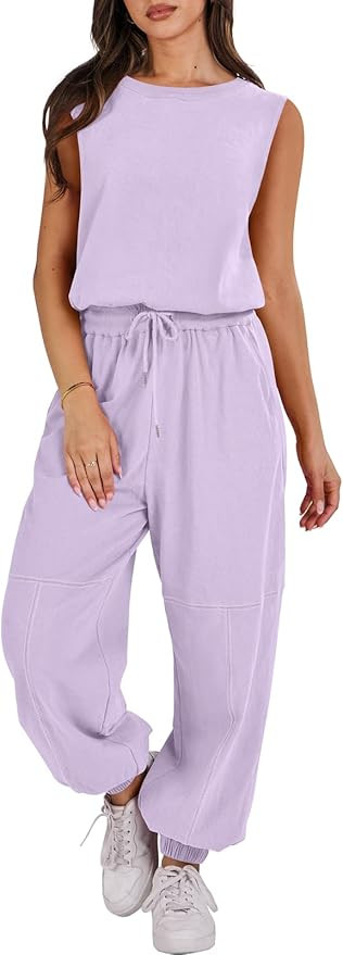 ANRABESS Womens Sleeveless Crewneck Loose Fit Open Back Jumpsuits Outfits One Piece Workout Activ... | Amazon (US)