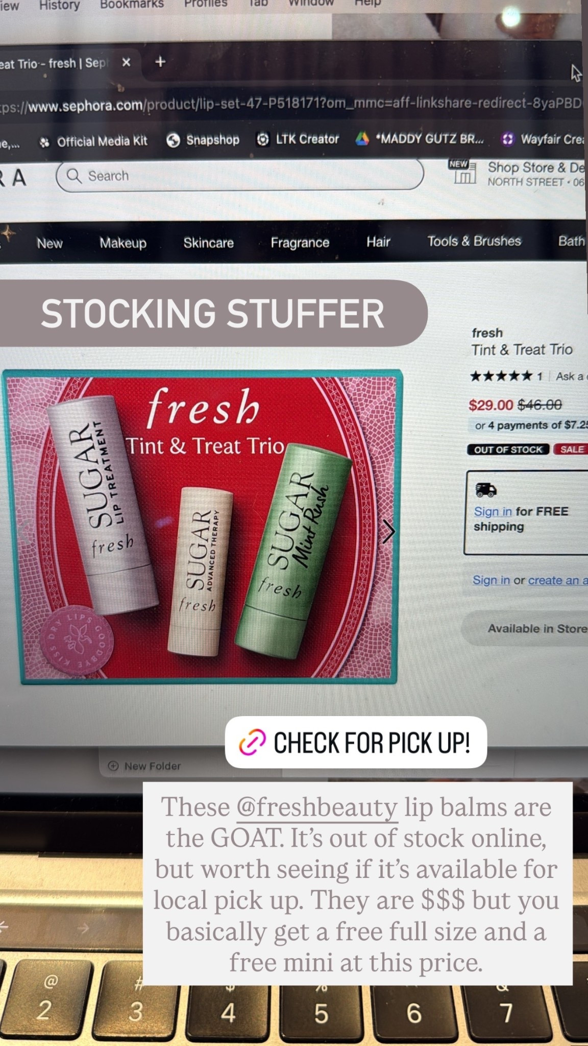 These @freshbeauty lip balms are the GOAT. It’s out of stock online, but worth seeing if it’s available for local pick up. They are $$$ but you basically get a free full size and a free mini at this price. .  STOCKING STUFFER  @SEPHORA