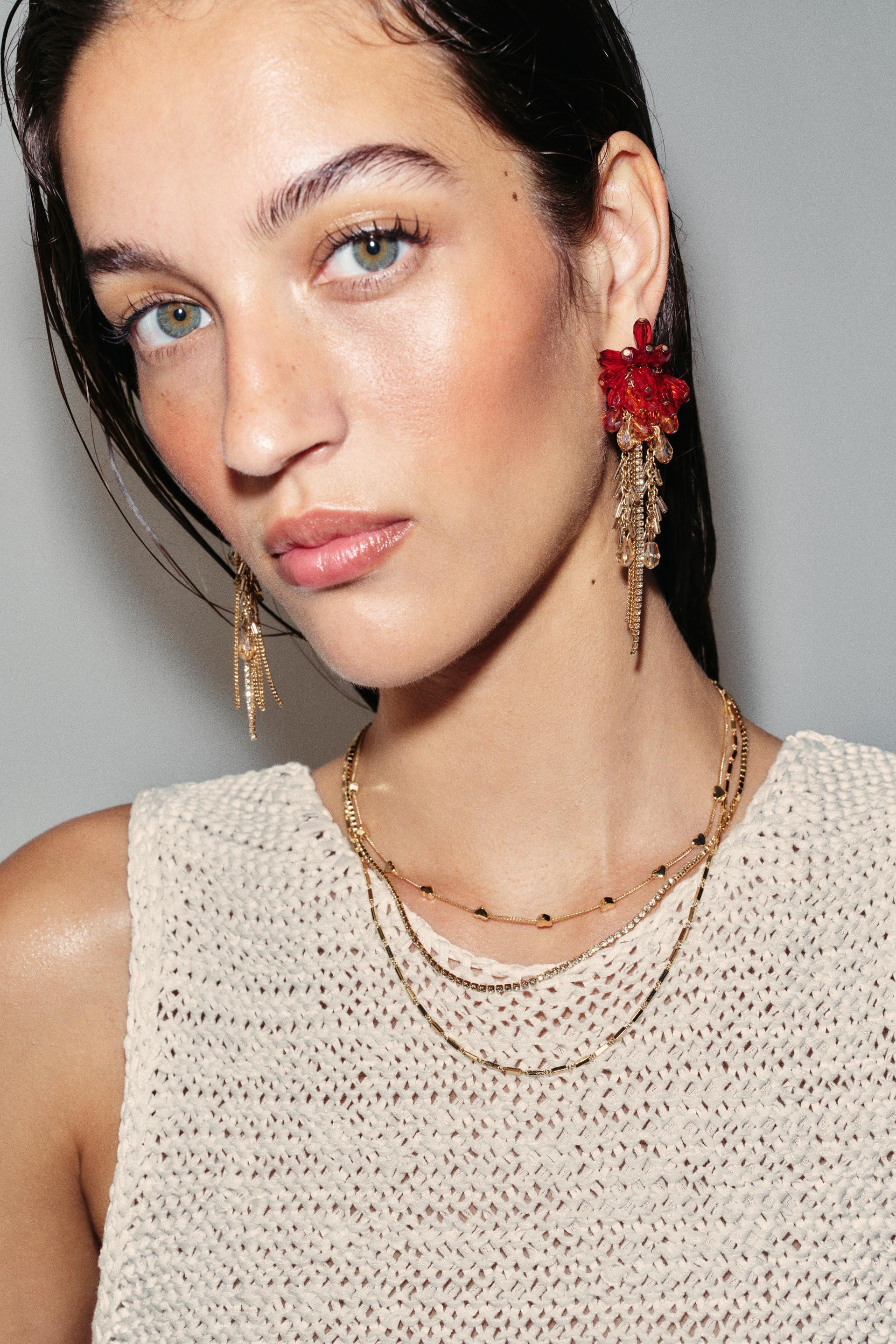Zara - Crystal Fringe Earrings - Red - M - Woman | Zara US