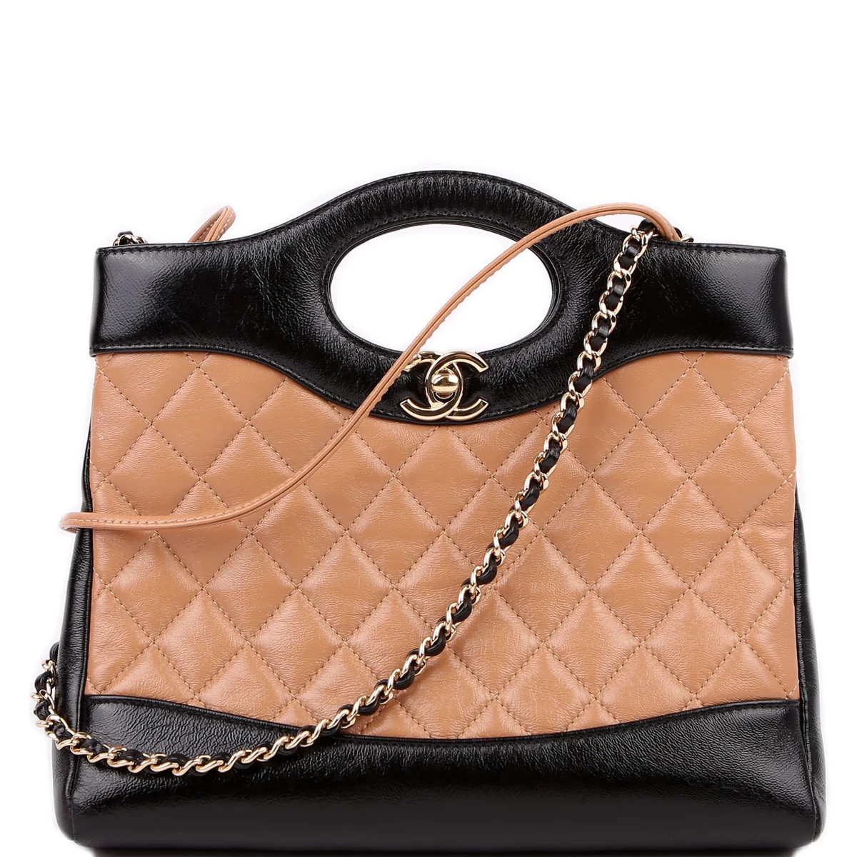 Mini 31 Shopping Crumpled Calfskin RFID Tan/Black | Keeks Designer Handbags