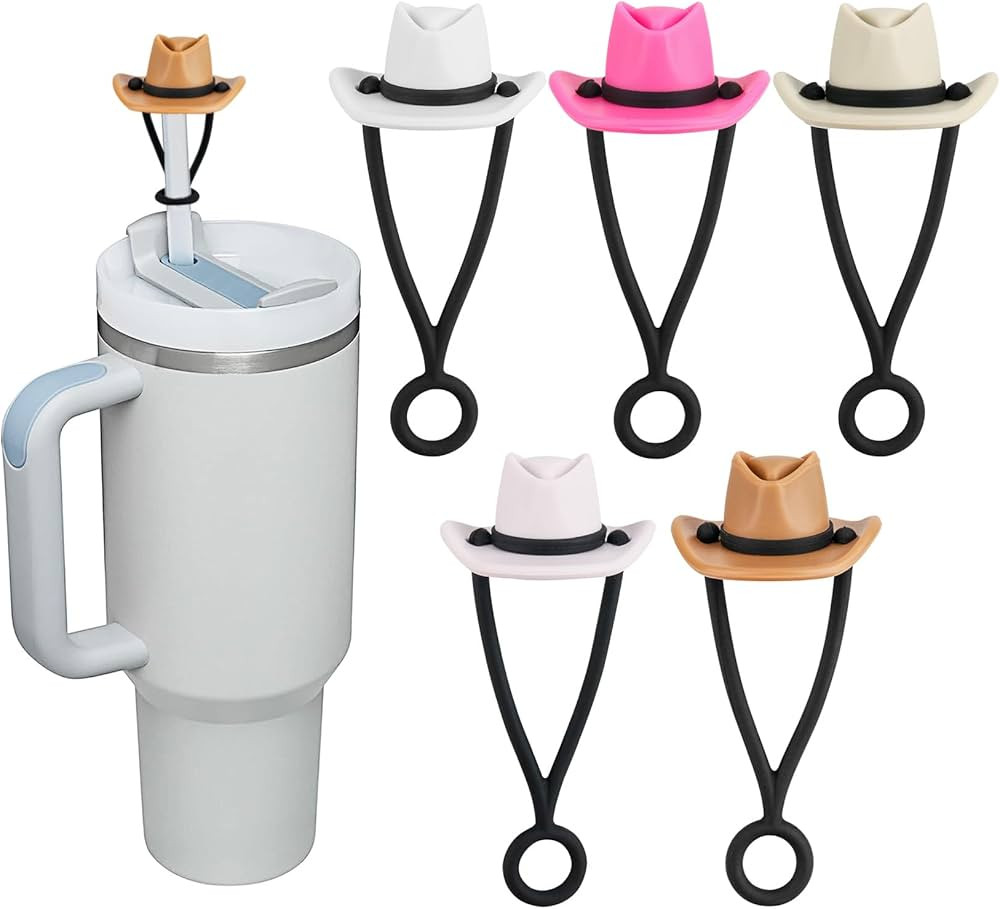 TIGARI 5 Pcs Cowboy Hat Straw Covers Cap Compatible with Stanley Cup 30 40 oz, Cute Silicone Funny Tumbler Straw Topper Accessories for Man & Woman Gift, Dust-Proof Reusable topper | Amazon (US)