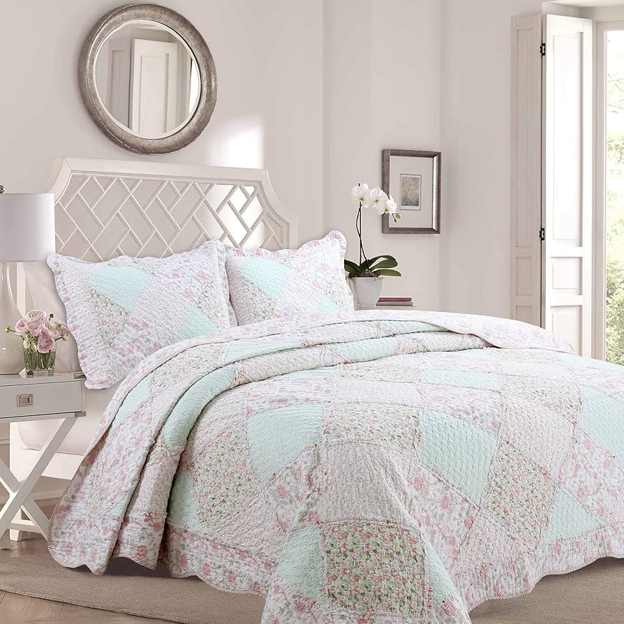 Cozy Line Home Fashions 100% Cotton Real Patchwork Floral Pink Rose Shabby Chic Girly Reversible ... | Amazon (US)