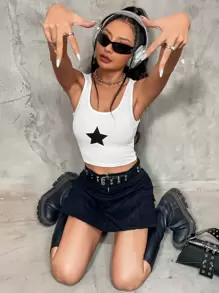 SHEIN ICON Star Print Ribbed Knit Tank Top SKU: sw2206270900606960(1000+ Reviews)Trending Y2K$4.9... | SHEIN