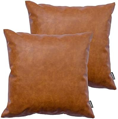 HOMFINER Faux Leather Throw Pillow Covers, 18 x 18 inch Set of 2 Thick Cognac Brown Modern Solid ... | Amazon (US)