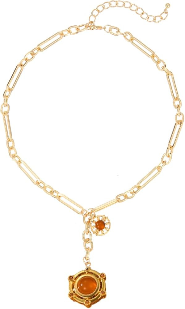 18K Gold-tone Plated Necklace for Women Chunky Agate Pendent Choker Dianty Sun Heart Necklace Uni... | Amazon (US)