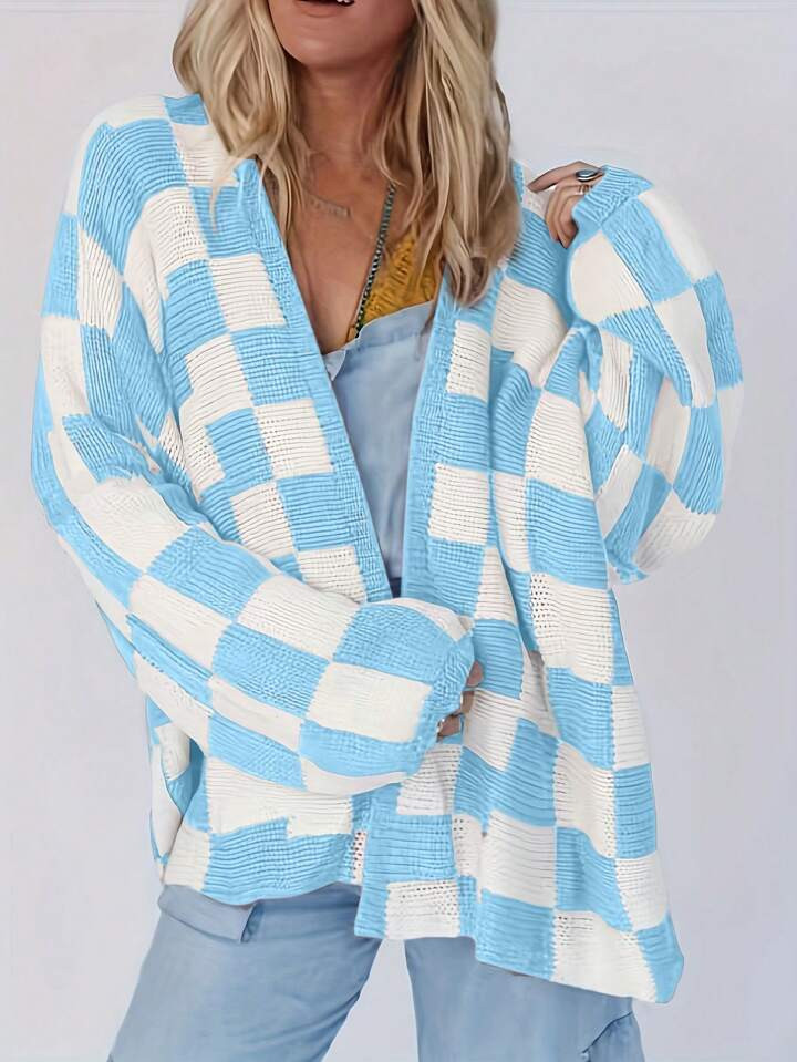 SHEIN Essnce Dual-Color Plaid Knitted Long Sleeve Cardigan | SHEIN USA | SHEIN