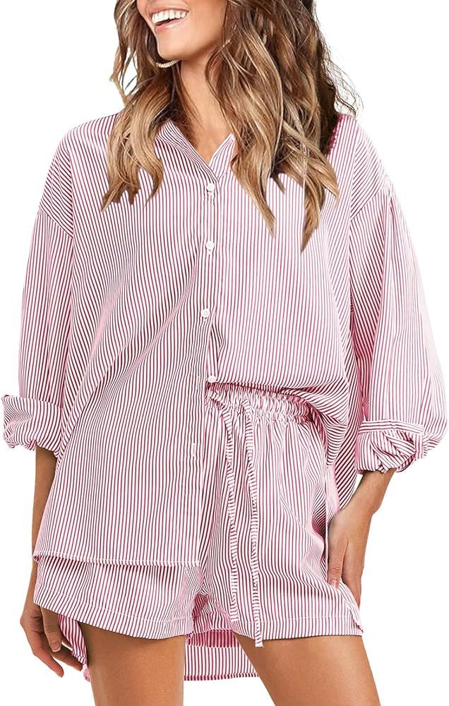 EXLURA Women's Summer 2 Piece Outfits Long Sleeve Button Down Shirts Matching Short Sets Oversize... | Amazon (US)