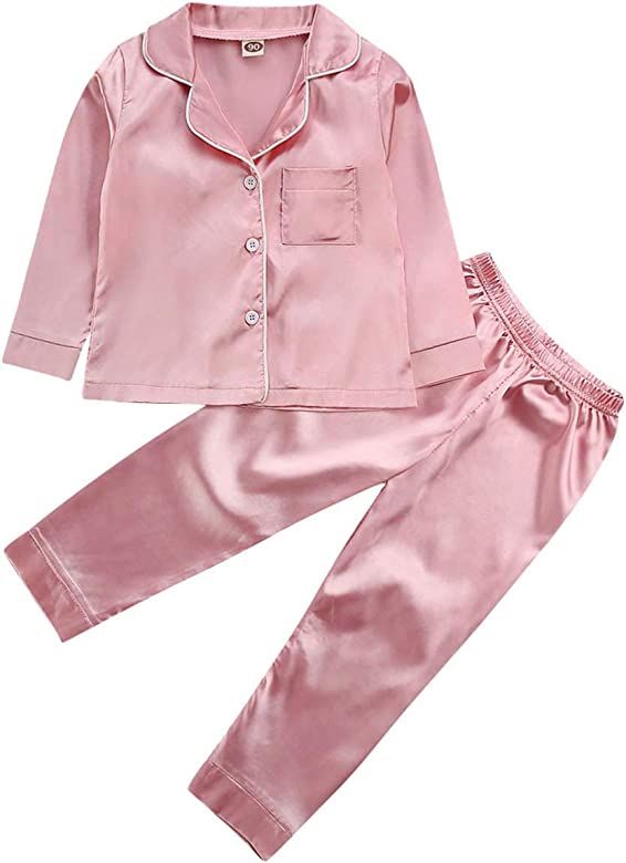 Toddler Baby Kids Satin Pajamas Set, Long Sleeve Button-Down Sleepwear PJs for Girls | Amazon (US)