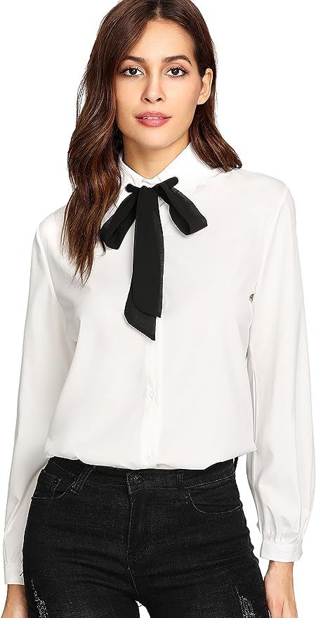SheIn Women's Bow Tie Neck Ruffle Long Sleeve Chiffon Shirt Blouse Top | Amazon (US)