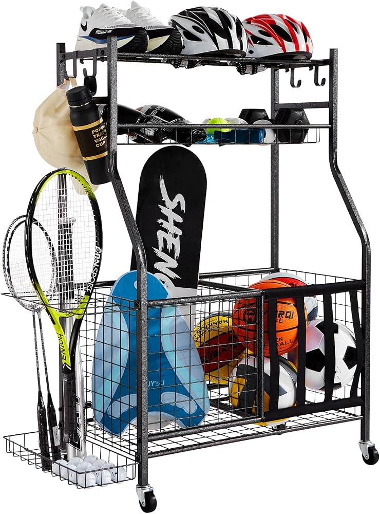 VEVOR Sports Equipment Garage Organizer, Rolling Ball Storage Cart on Wheels, Basketball Rack wit... | Amazon (US)