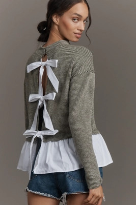 Maeve Long-Sleeve Bow-Back Twofer Peplum Top | Anthropologie (US)