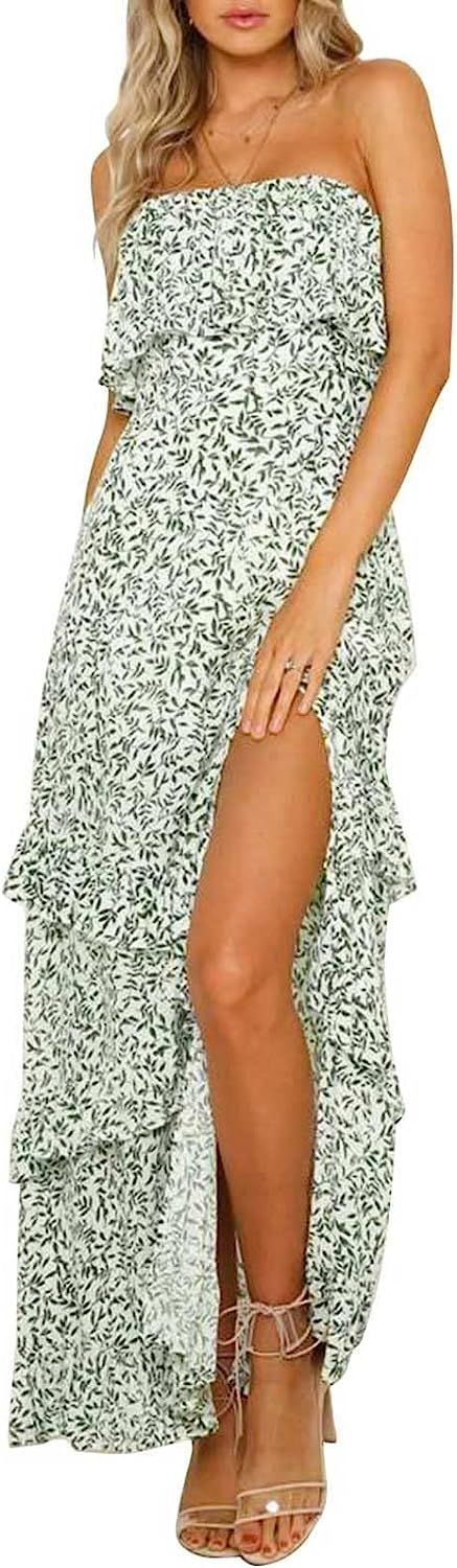 YORGOS Women's Summer Bohemia Floral Strapless Long Maxi Dress Ruffles Side Slit with Belt | Amazon (US)