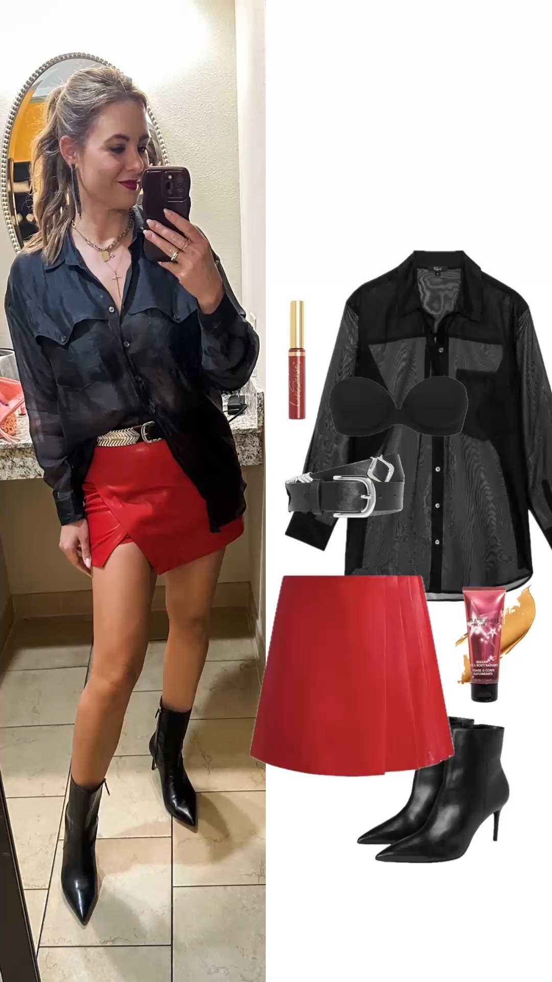 Galentines or Valentines Day Look 🌹 
//
Red leather skirt, red mini skirt, sheer black button down, pointed toe booties, date night outfit

#LTKValentine #LTKOver40
