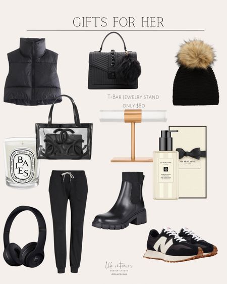 Gifts For Her 
Solo3 beats / performance joggers / pre-loved black leather small tote bag / winter crop vest / new balance shoes / wool blend beanie / English Pear & Freesia body & hand wash / Baies scented candles / Chelsea platform and ankles boots / Aldo women’s jerilini top handle bag / T-Bar jewelry stand 

#LTKHoliday #LTKGiftGuide