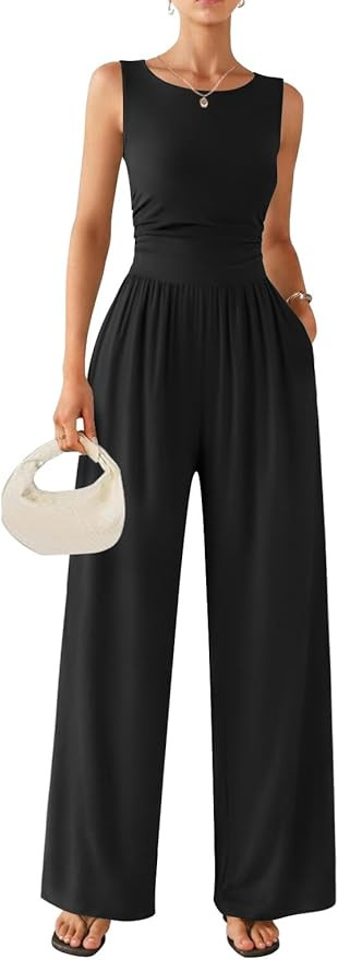 Ekouaer Jumpsuits for Women One Piece Jumpsuit Wide Leg Sleeveless Crewneck Casual Womens Romper ... | Amazon (US)