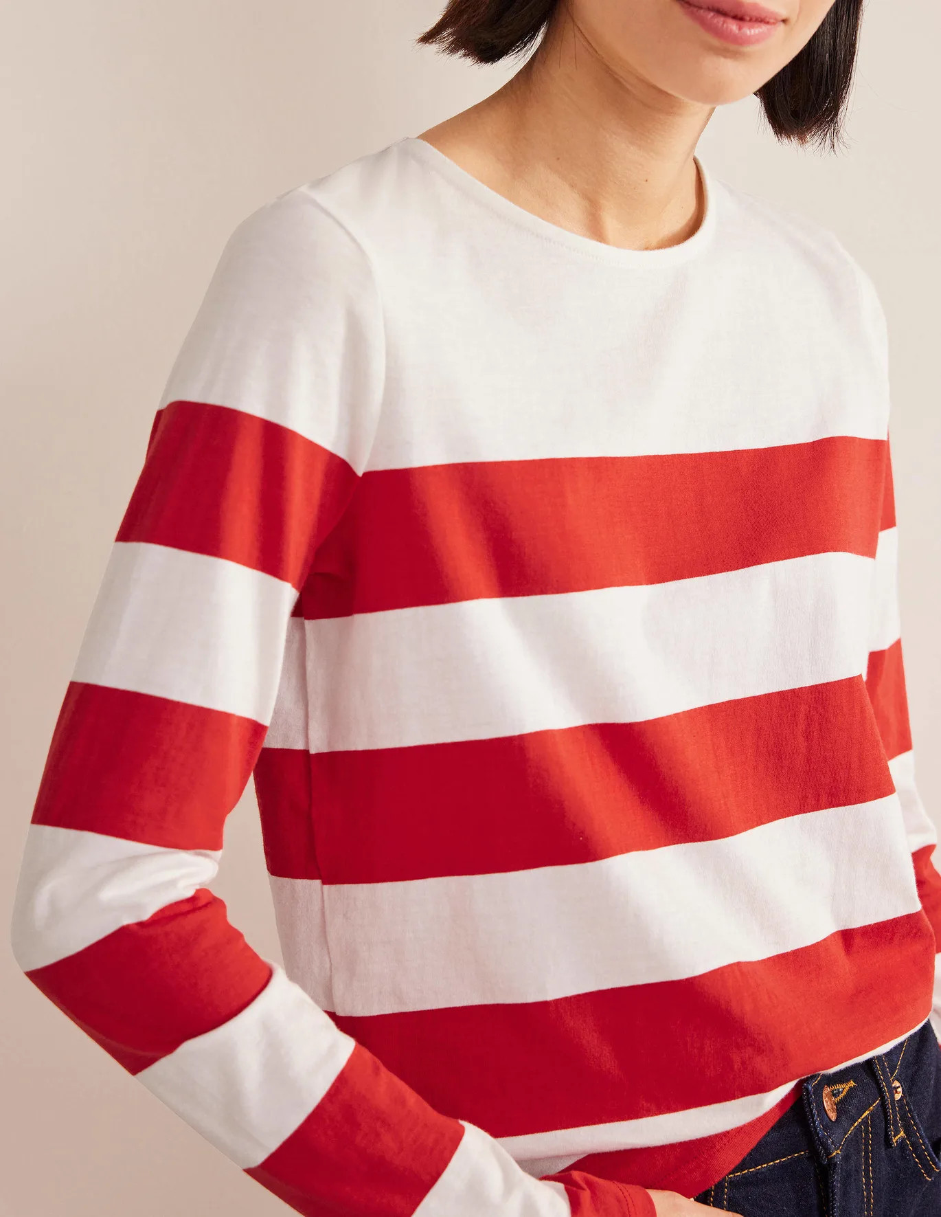 Relaxed Long Sleeve Breton Top - Red and Ivory, Wide Stripe | Boden (US)