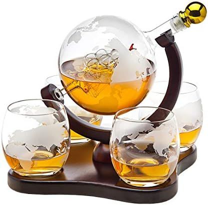 Whiskey Decanter Globe Set with 4 Etched Globe Whisky Glasses for Liquor, Scotch, Bourbon, Vodka, Gi | Amazon (US)