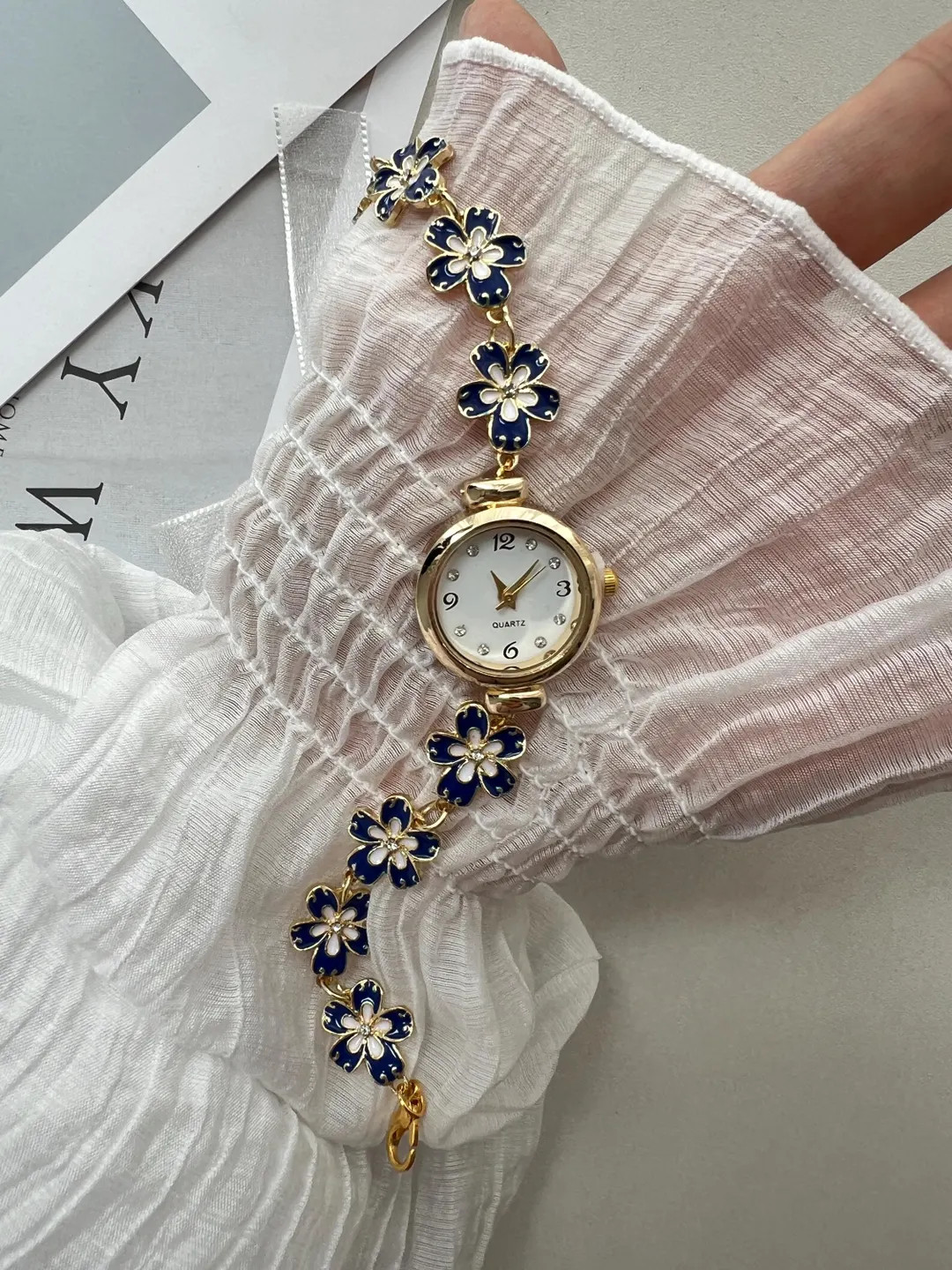 Blue Flower Watch Strap for Women, Elegant Watch Bracelet, Vintage Flower Gold Wrist Watch, Elega... | Etsy (US)