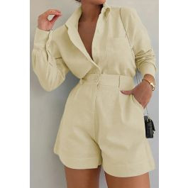 Casual Patch Pocket Buttoned Shirt and Shorts in Light Yellow for Urban Daily Wear & Coffee Runs | Chicwish