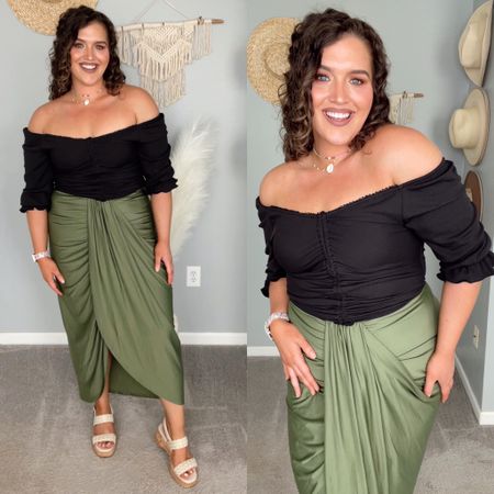 Midsize boho vacation skirt outfit 🌴🌊🥥 
Top: XL
Skirt: XL 
#midsizeoutfits #ootd #vacationoutfits #resortwear #offtheshoulder #skirt #wedges #necklace #boho #vacationlooks #amazonfinds #affordablefashion 

#LTKunder50 #LTKSeasonal #LTKcurves