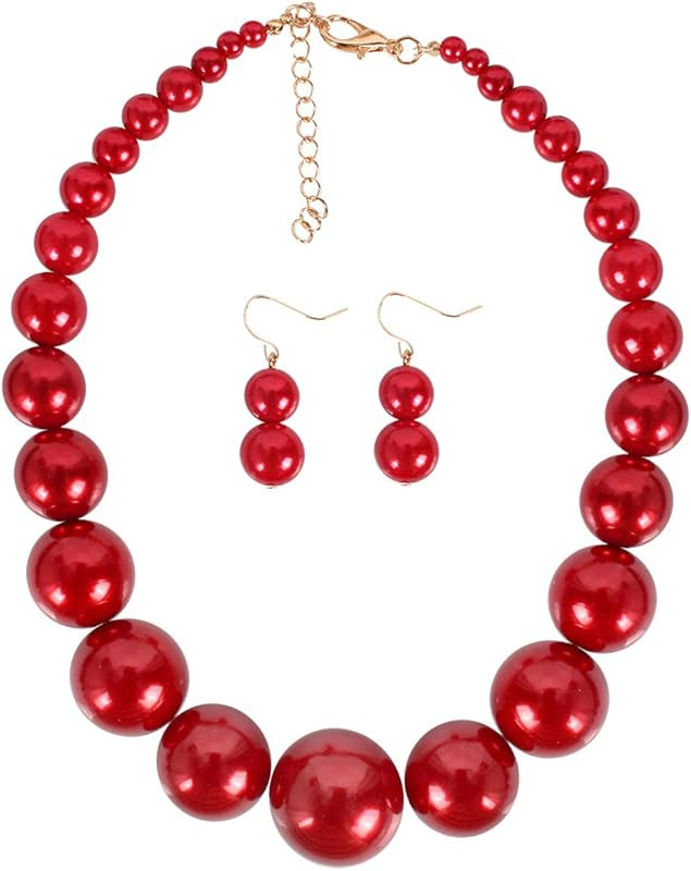 KOSMOS-LI Large Style Big Imitate Pearl Strand Choker Necklace with Earrings Set | Amazon (US)