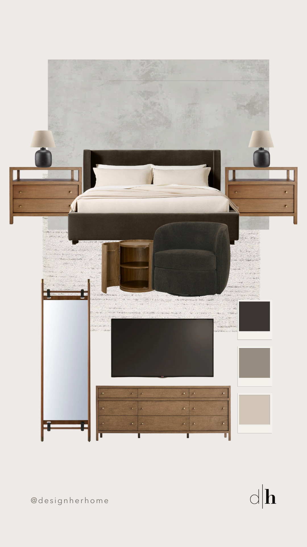 This primary bedroom design board is a whole mood! Inspired by the deep, rich textures and colours of 2026's interior design trends, this bedroom screams cozy, cool and collected all in one. 

This is a design board from one of our furniture installs in Ancaster, Ontario. 

Follow @DesignHer on LTK for more interior design inspo!  

 #LTKcanada #LTKhome #LTKfamily