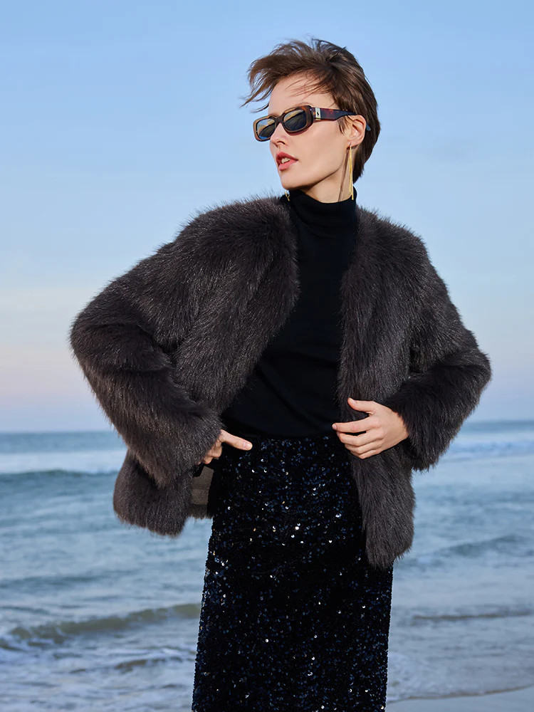 Eco-friendly Fur Women Short Coat - Chocolate Brown / S | GOELIA