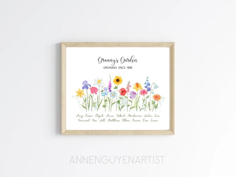 Custom floral bouquet meadow Christmas gift family tree print grandma's garden mother's day water... | Etsy (US)