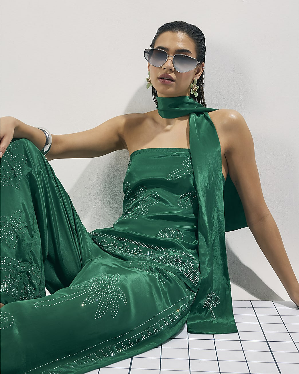 Green Embellished Scarf Bandeau Top | River Island UK & IE