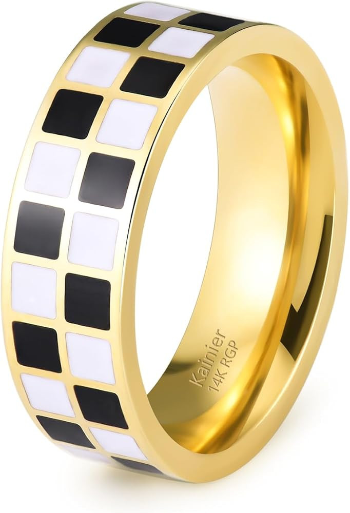 Kainier 6mm 14k Gold Plated Rings Polished Checkerboard Bands Knuckle Statement Pointer Finger Ri... | Amazon (US)