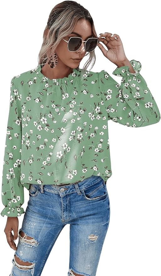 Romwe Women's Floral Print Flounce Long Sleeve Mock Neck Work Blouses Tops | Amazon (US)