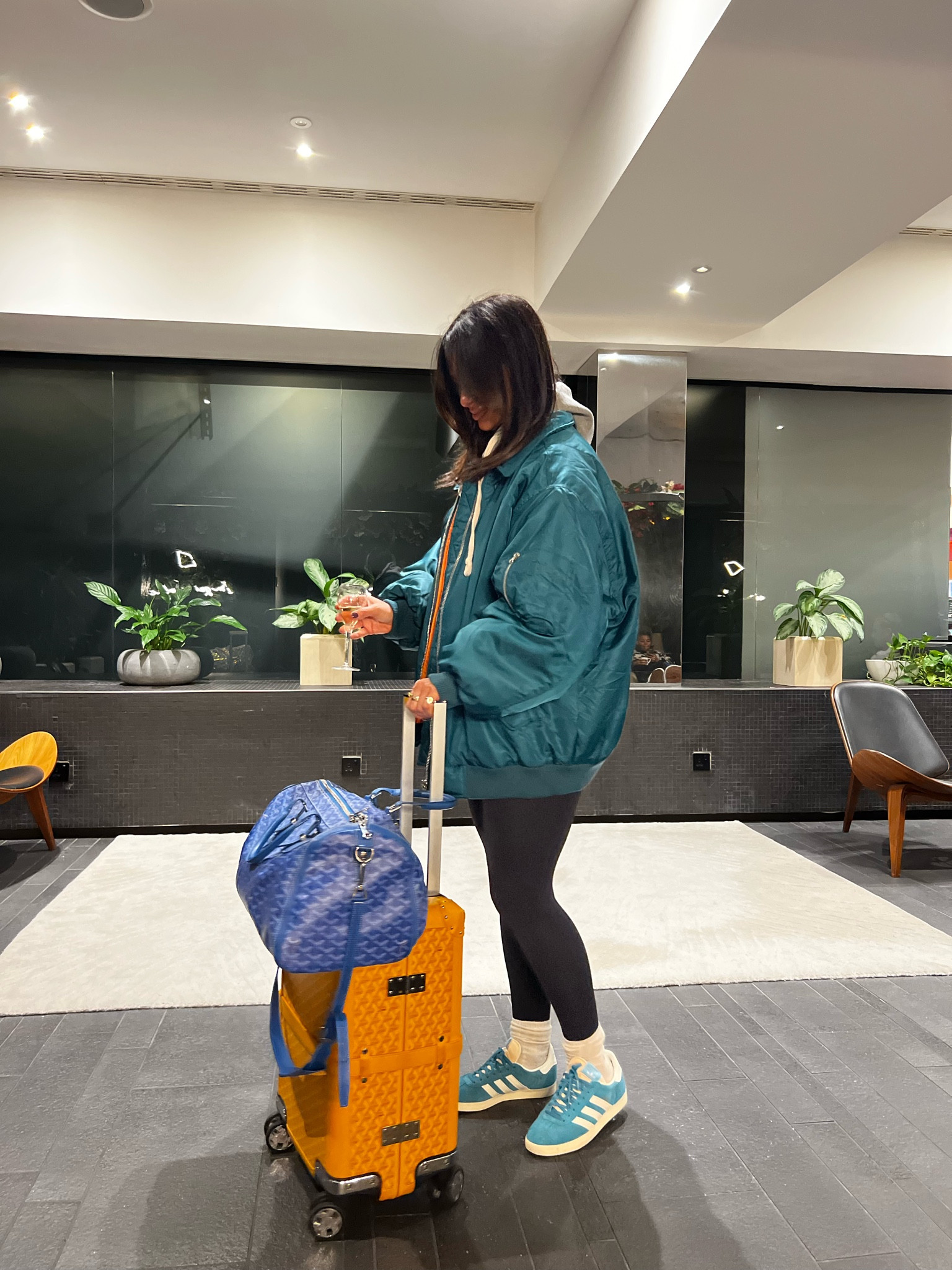 My airport outfit ✈️ I wore size L in the jacket, sized up half a size in the adidas , S/M in the catsuit , can’t link my hoodie but found one on ASOS I would buy size L x