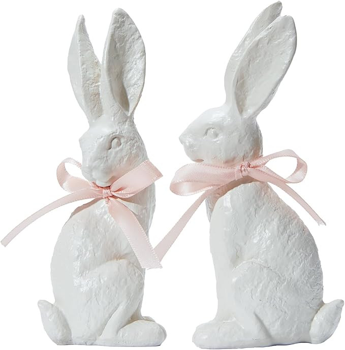 WDS WONDROUS  Easter Decoration White Bunnies with Pink Bow,  2-Pcs Resin Rabbits Figurines Table... | Amazon (US)