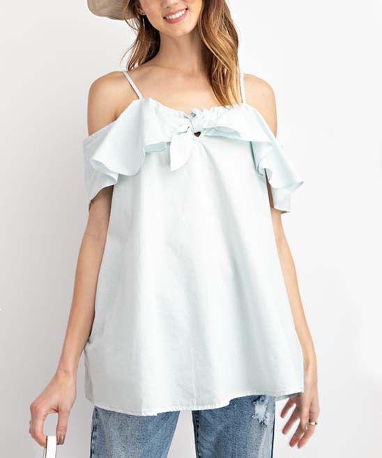 Avenue Hill Women's Blouses LT.DENIM - Light Denim Ruffle-Trim Off-Shoulder Tunic - Women | Zulily