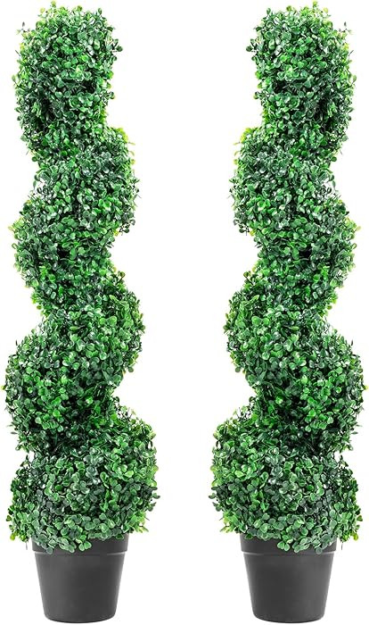 2 Pack 3ft Artificial Boxwood Topiary Spiral Trees in Planters, UV Resistant Faux Plants for Indo... | Amazon (US)