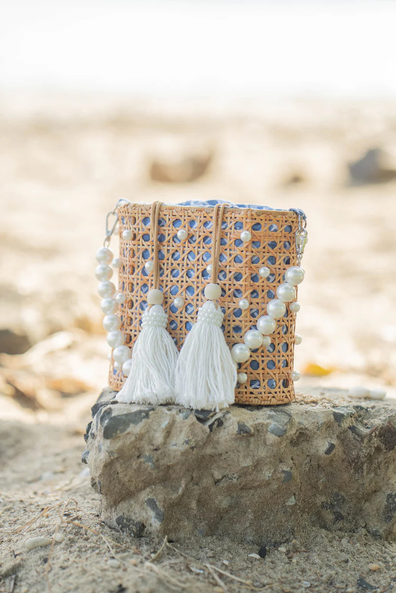 NORA PEARL AND TASSEL RATTAN BUCKET HANDBAG | All In The Detail