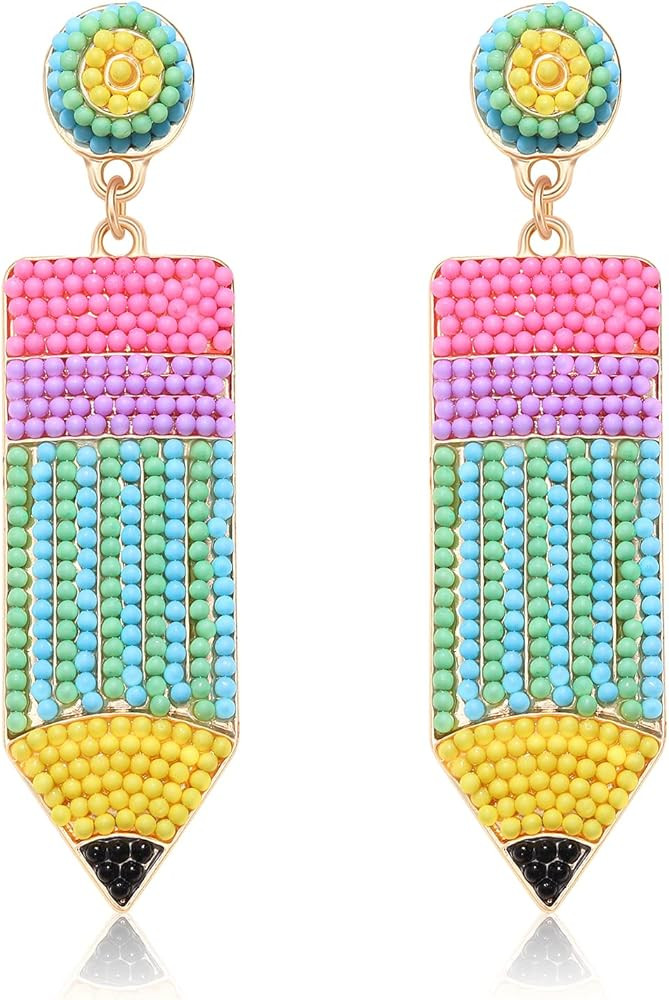Teacher Earrings Beaded Pencil drop Dangle Earrings for Teacher Student Women Girls, Handmade Bea... | Amazon (US)