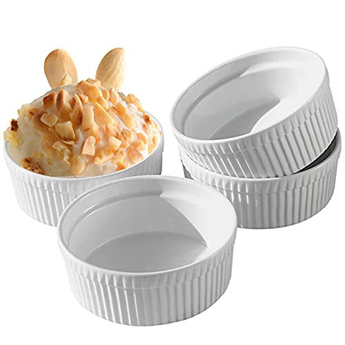 Cinf White 10 oz Set of 4 Souffle Dishes Ramekins Oven Microwave Safe Bowls Creme Brulee Set Sauce Cups for Baking Cooking Dessert Porcelain Pudding Cups | Amazon (US)