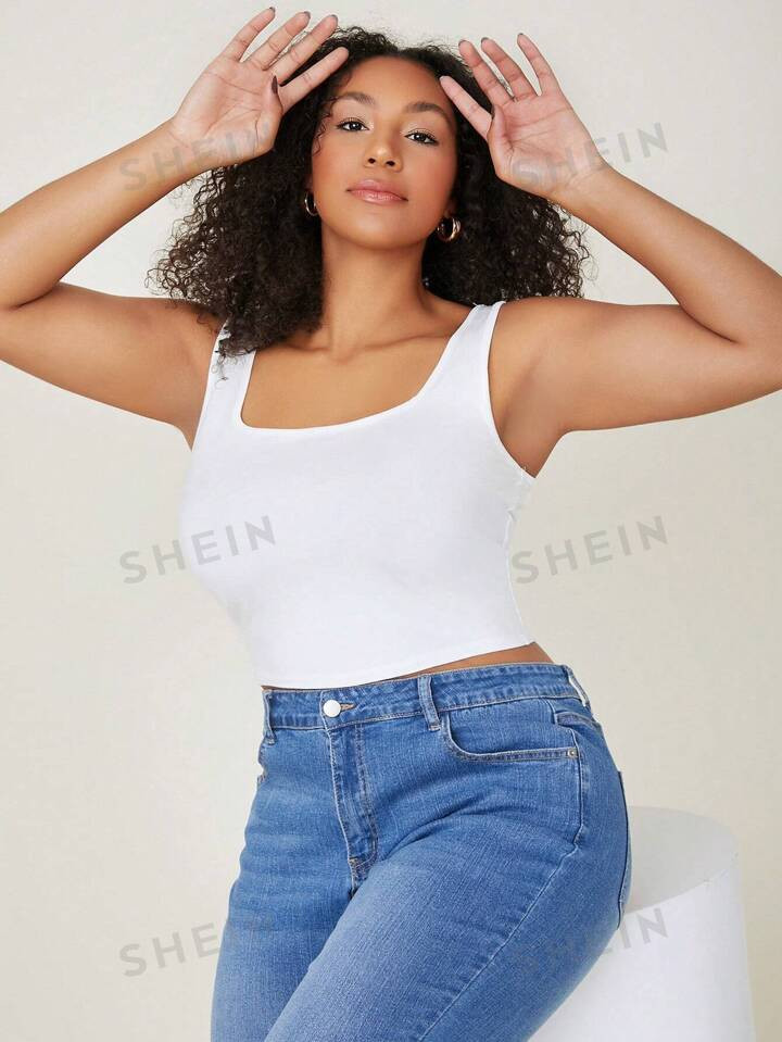 SHEIN BASICS Plus Square Neck Crop Tank Top | SHEIN