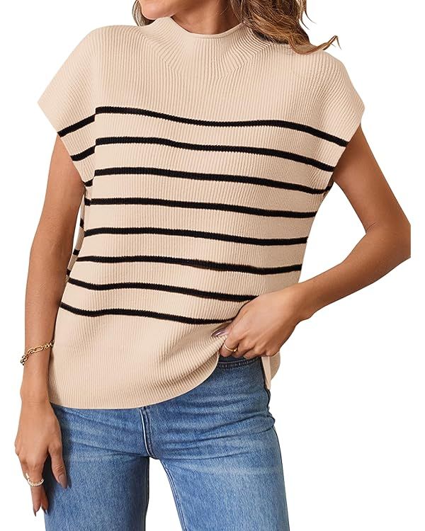 MEROKEETY Women's 2024 Sleeveless Mock Neck Striped Sweater Vest Cap Sleeve Ribbed Knit Pullover ... | Amazon (US)